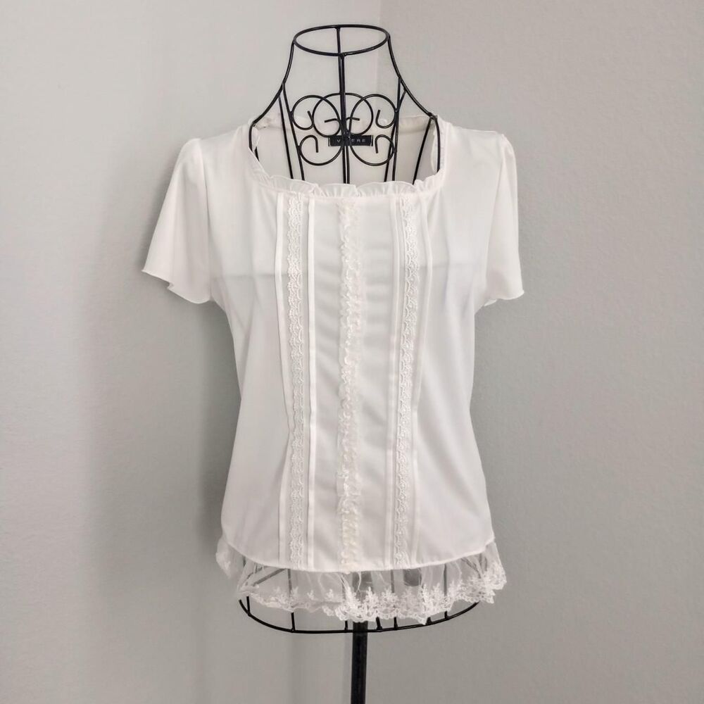 Japanese White Ruffled Floral Lace Coquette Top